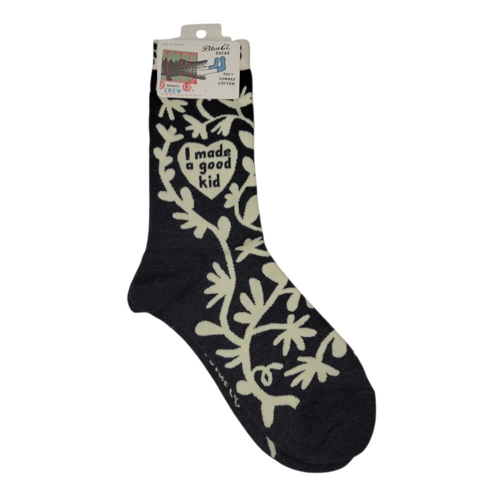 New Blue Q Black Cream Floral "I Made a Good Kid" Wome's Crew Socks for Mom